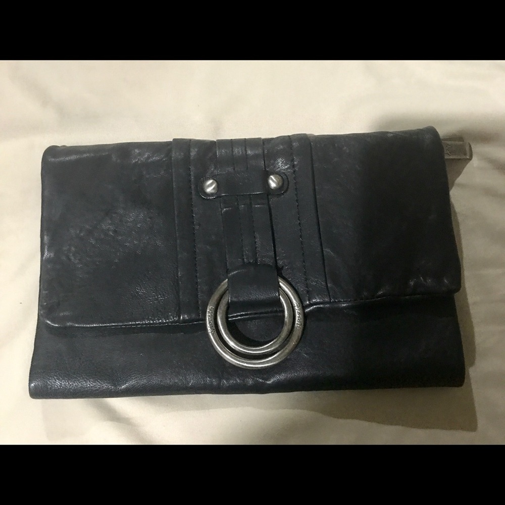 Black leather clutch bag